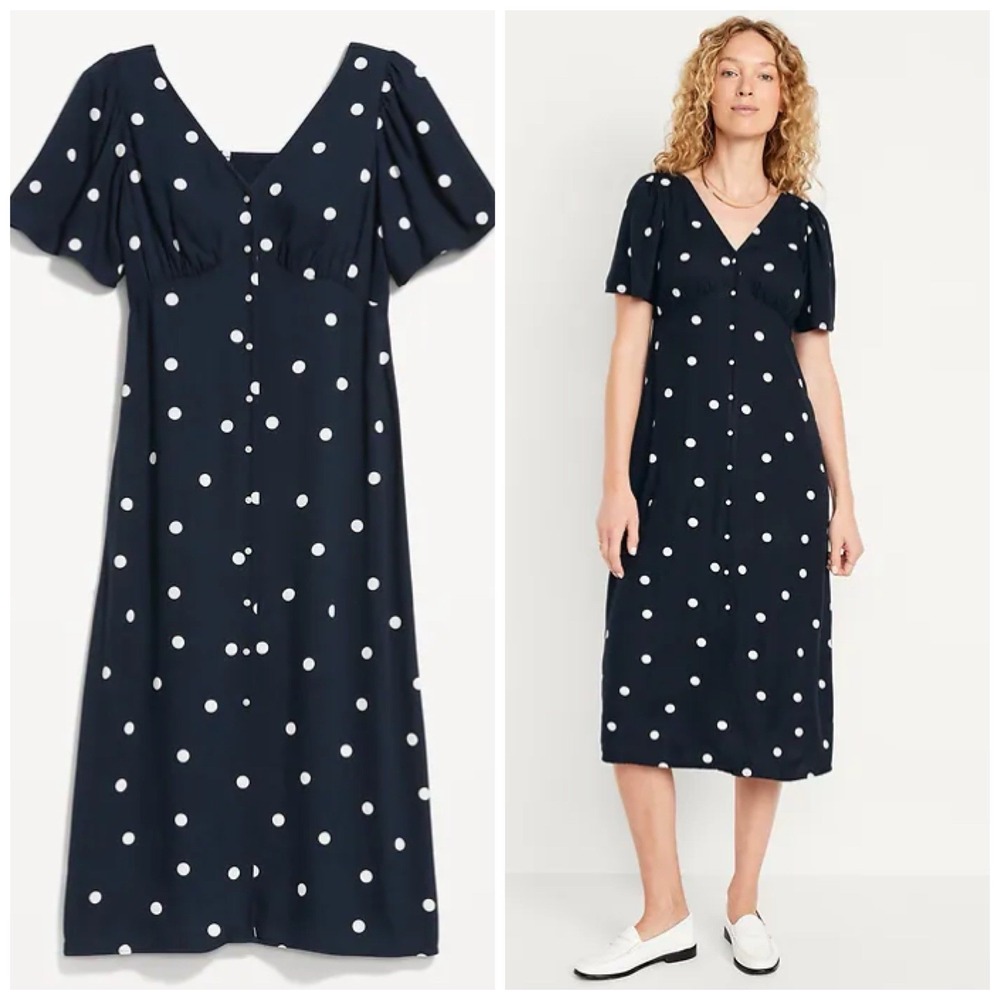 Old Navy M Polka Dot Midi Dress Navy Full‎ Button Front Classic Empire Waist
